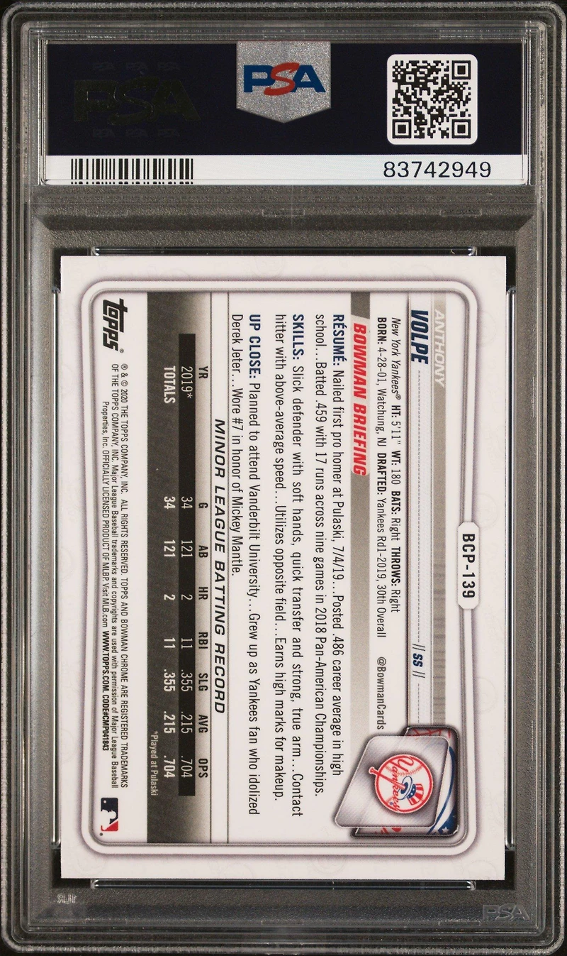 2020 Bowman Chrome Sapphire Edition Bcp139 Anthony Volpe PSA