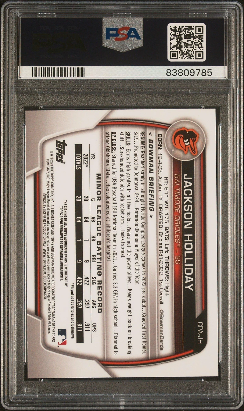 2023 Bowman Chrome Prospect Autographs Cpajh Jackson Holliday PSA 10