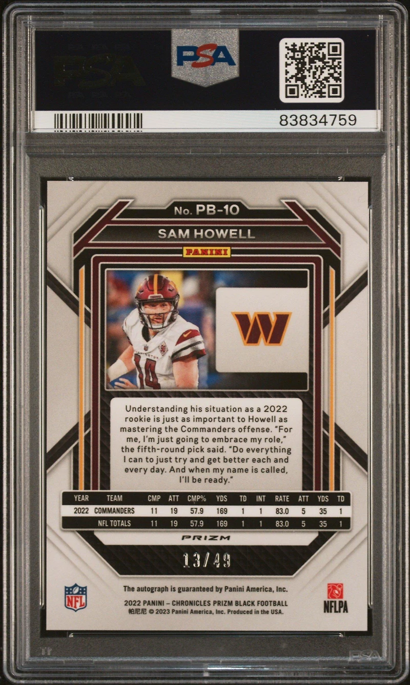 2022 Panini Chronicles Prizm Black Pb10 Sam Howell Signature-green PSA 10
