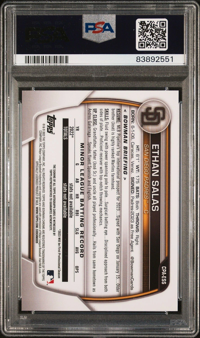2023 Bowman Chrome Prospect Autographs Cpaess Ethan Salas Speckle Refractor PSA 9
