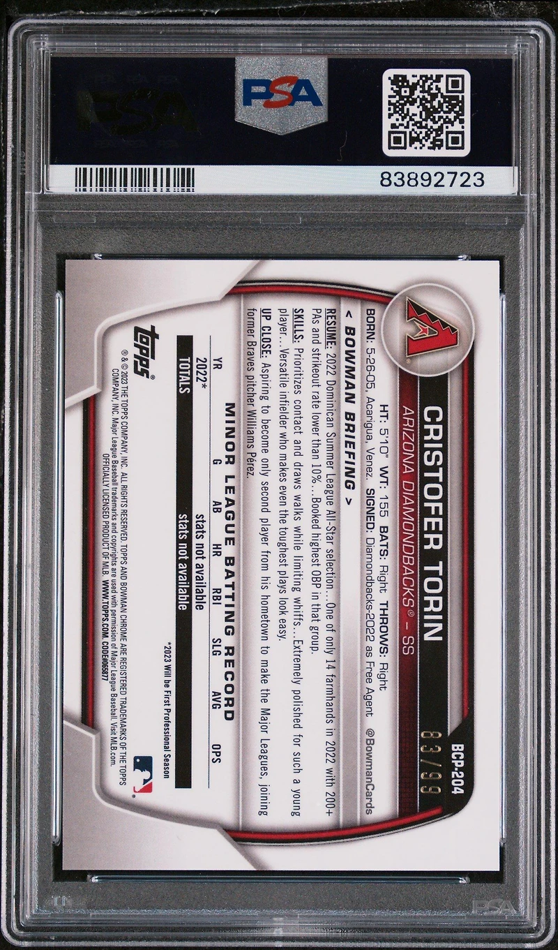 2023 Bowman Chrome Prospects Bcp204 Cristofer Torin Green Shimmer PSA 10