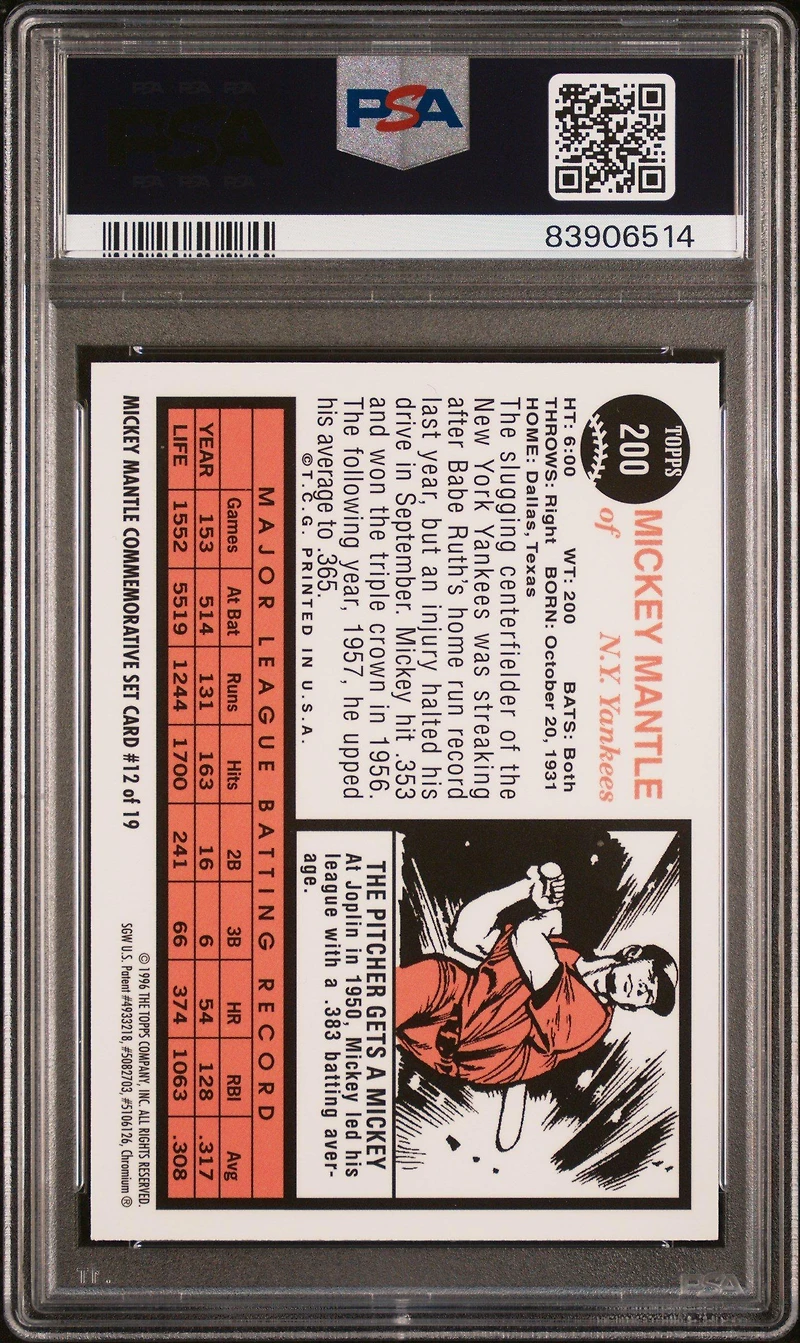 1996 Topps Mantle Finest 12 1962 Topps Reprint PSA 10