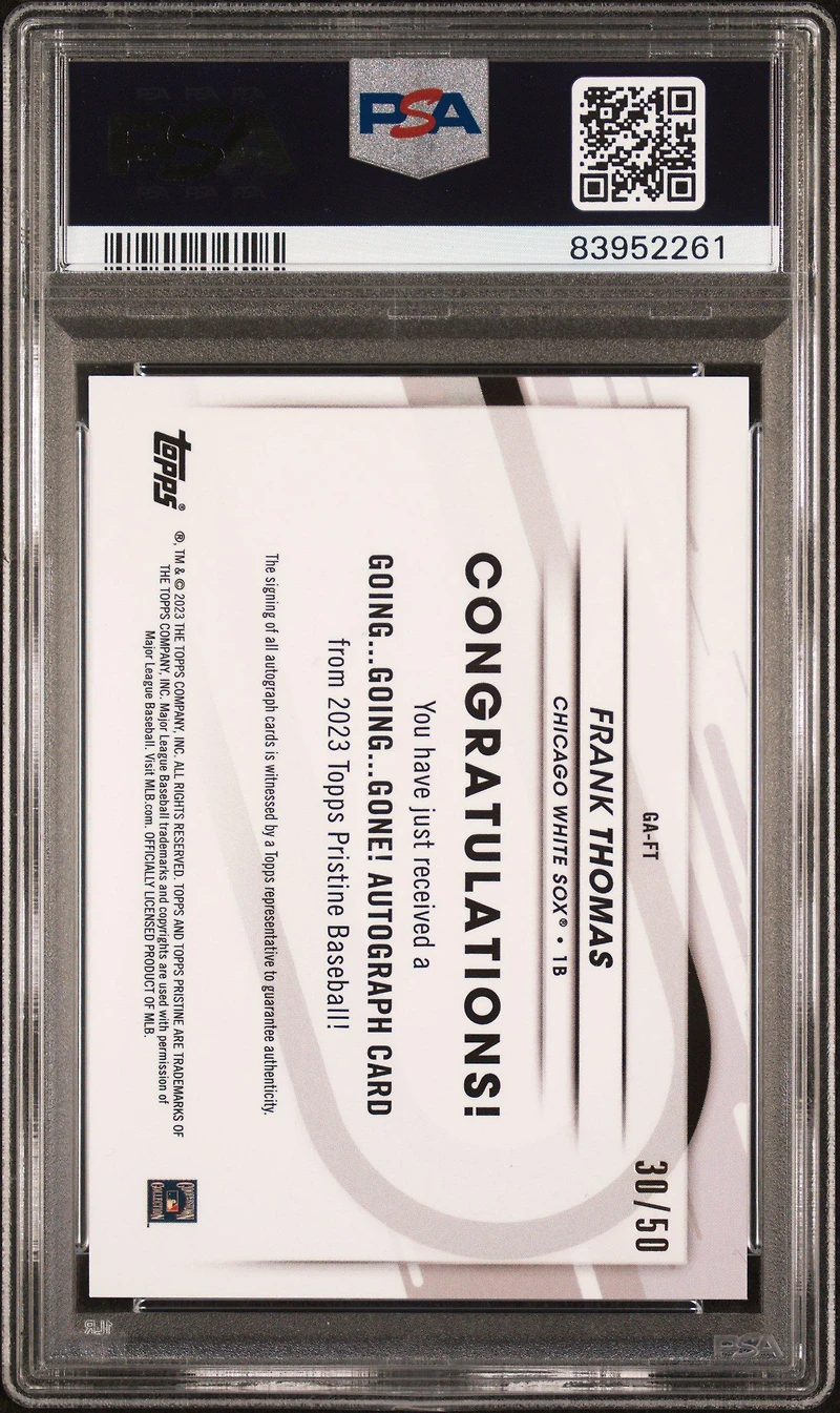 2023 Topps Pristine Going, Going, Gone! Autograph Gaft Frank Thomas Gold PSA 10