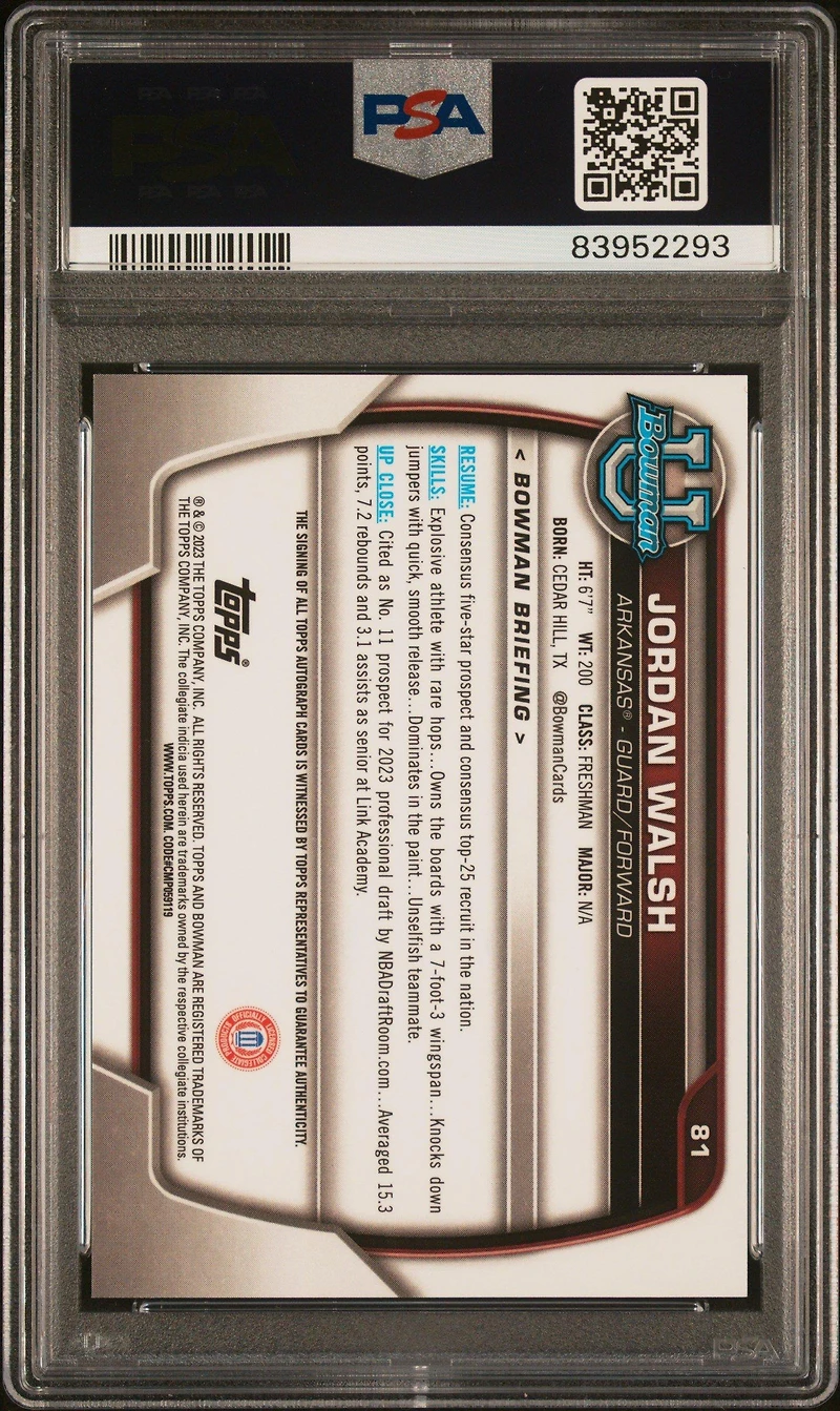 2022 Bowman Chrome University 81 Jordan Walsh Prospect Autograph PSA 10