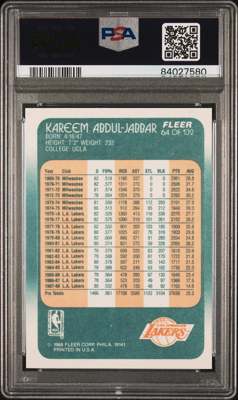 1988 Fleer 64 Kareem Abdul PSA 9