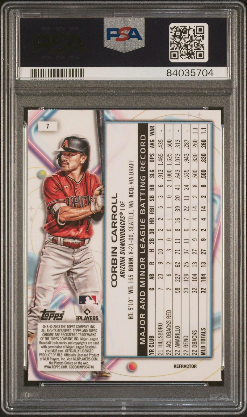 2023 Topps Cosmic Chrome 7 Corbin Carroll Refractor PSA 10