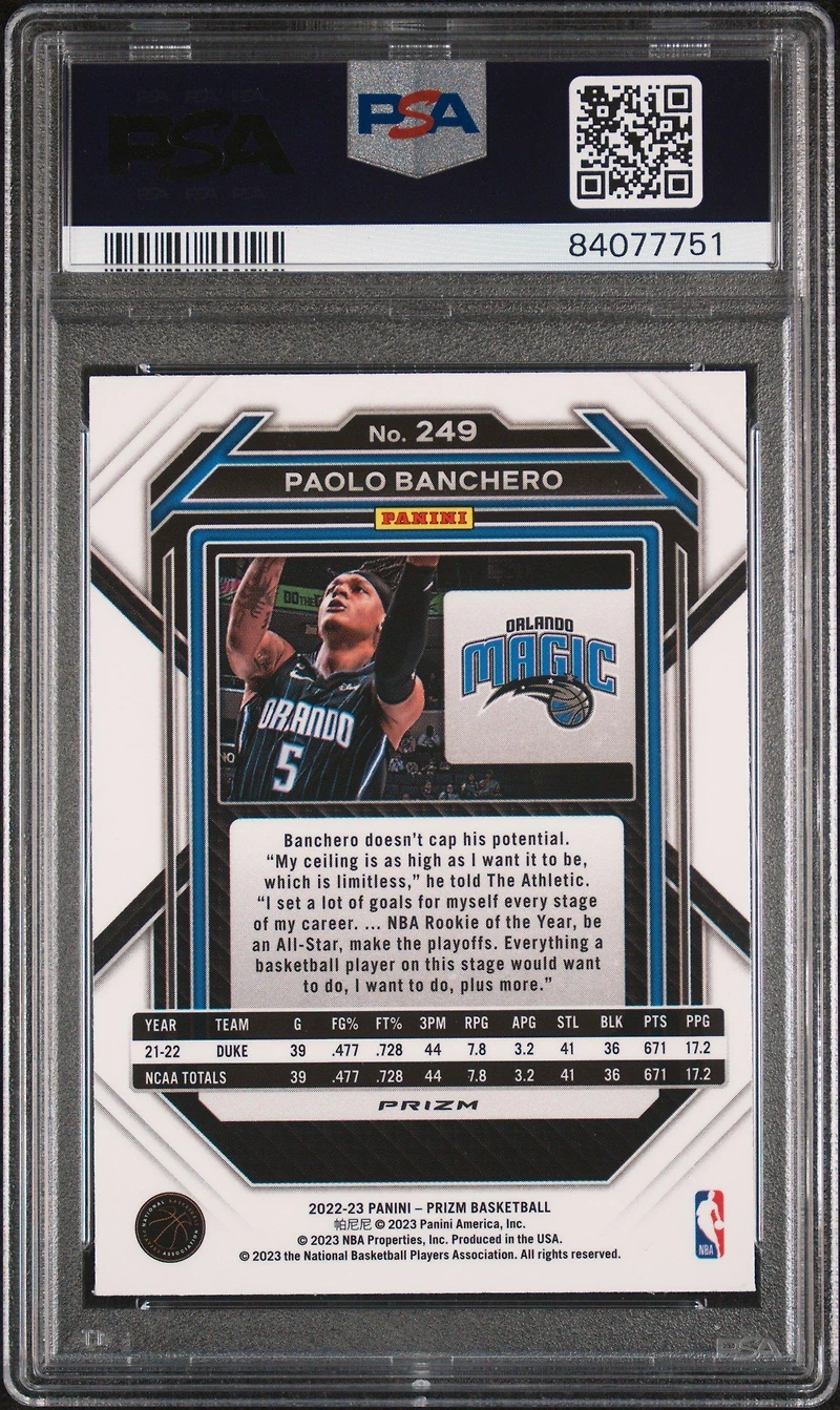 2022 Panini Prizm 249 Paolo Banchero Fast Break PSA 10