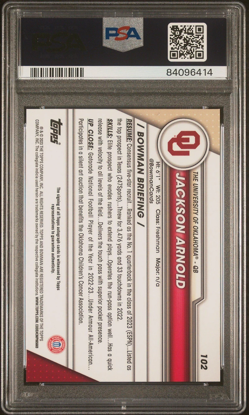 2023 Bowman University Chrome 102 Jackson Arnold PSA 10