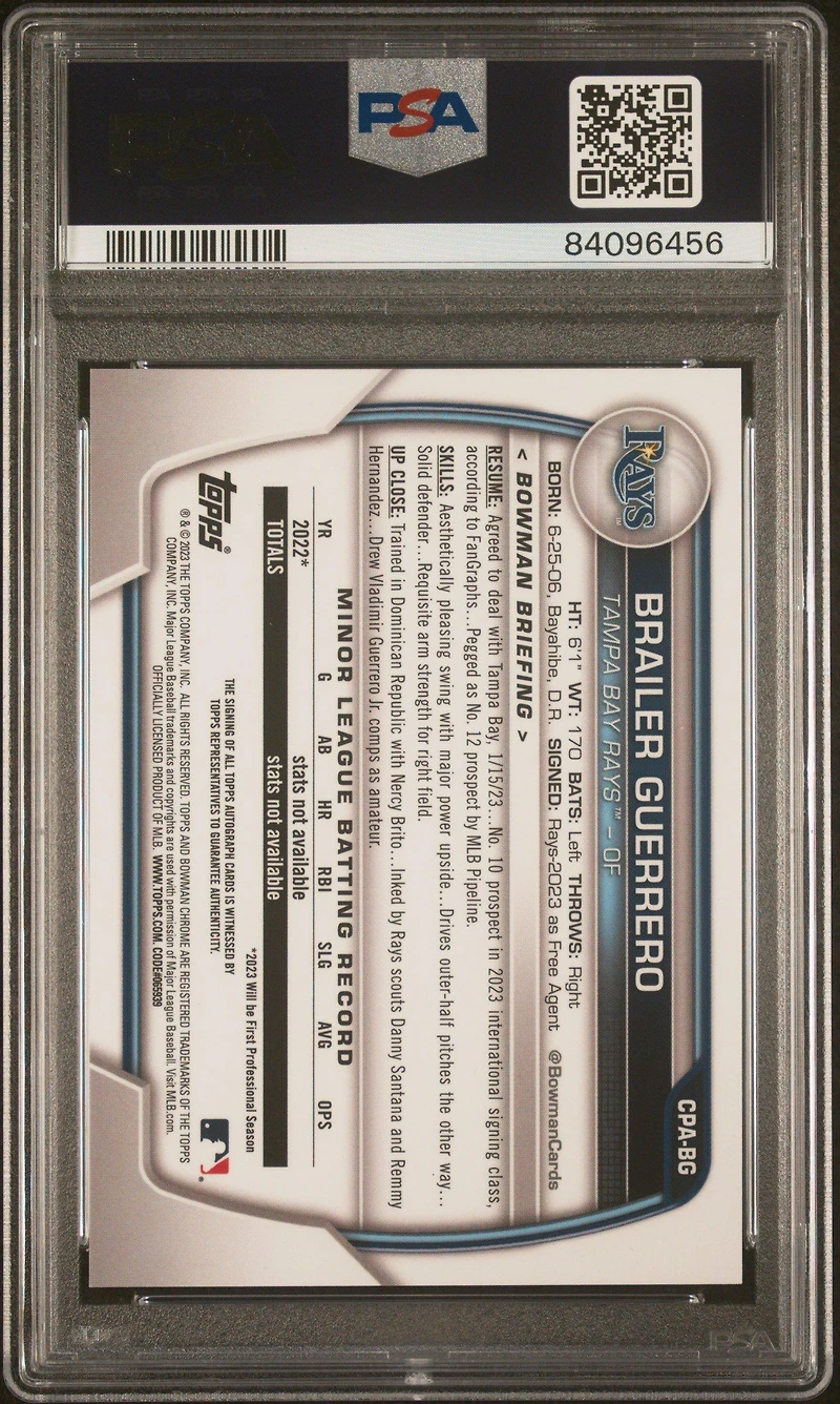 2023 Bowman Chrome Prospect Autographs Cpabg Brailer Guerrero PSA 9