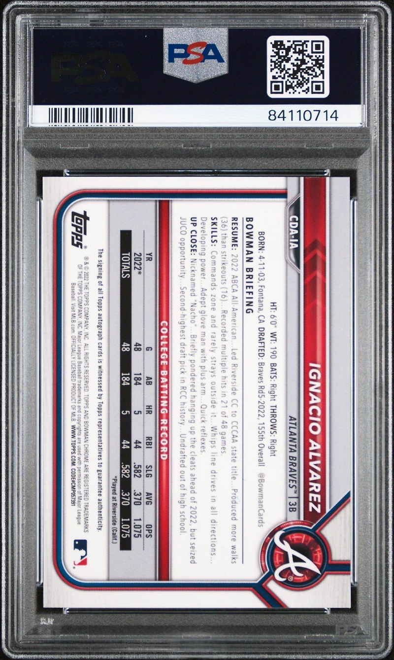 2022 Bowman Draft Chrome Draft Pick Autographs Cdaia Ignacio Alvarez Gold Wave Refractor PSA 9