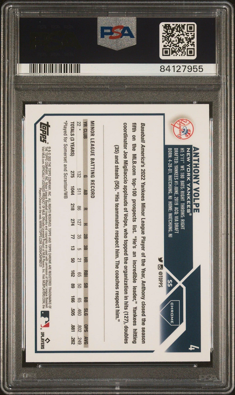 2023 Topps Chrome 4 Anthony Volpe Negative Refractor PSA 10