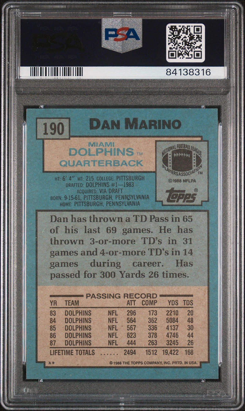 1988 Topps 190 Dan Marino PSA