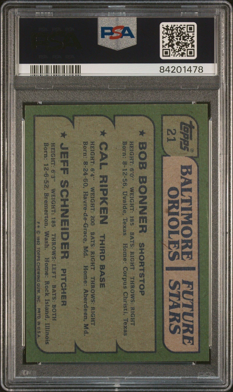 1982 Topps 21 Orioles Future Stars Bonner/ripken/schneider PSA 9