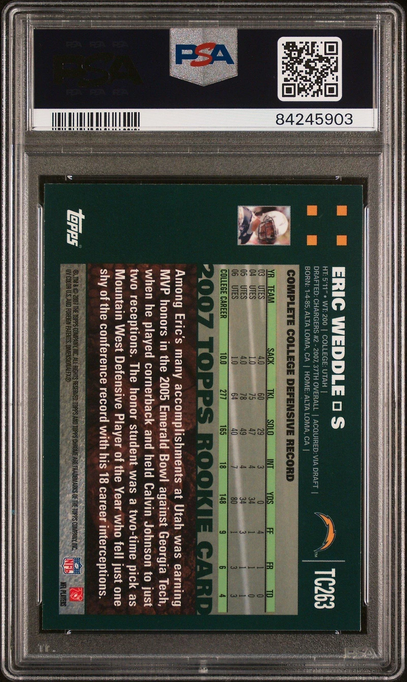 2007 Topps Chrome Tc263 Eric Weddle PSA 9