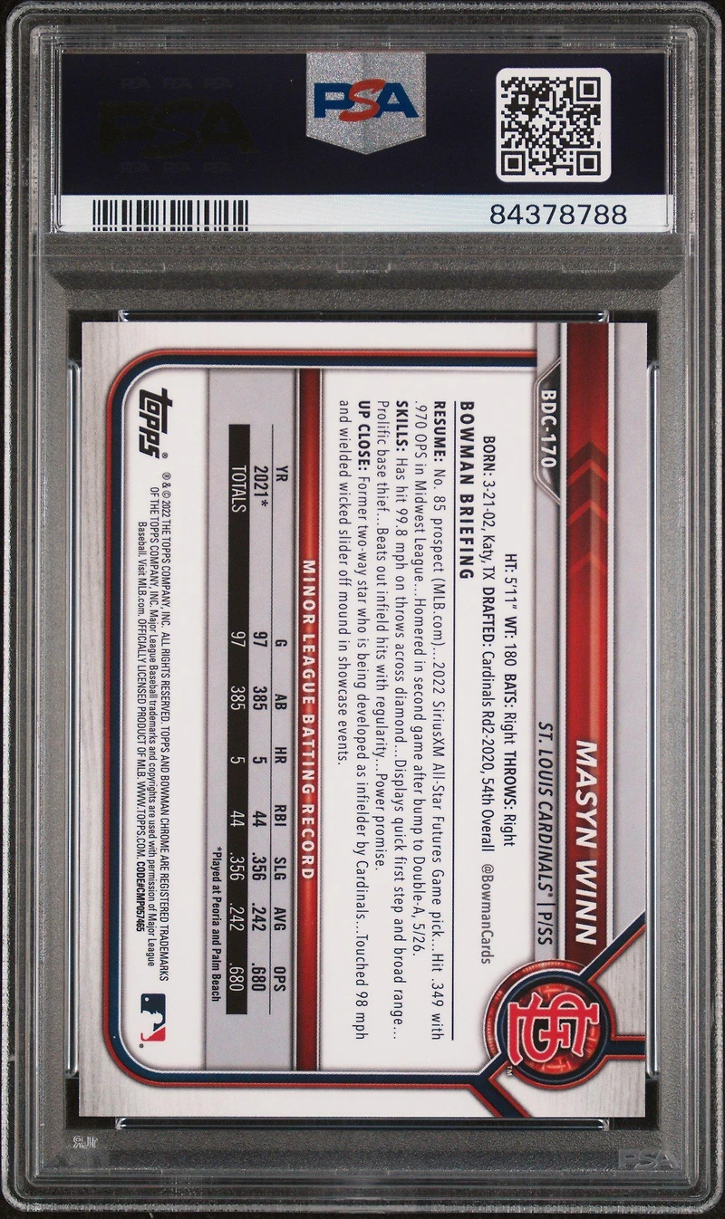 2022 Bowman Draft Chrome Sapphire Edition Bdc170 Masyn Winn PSA 10