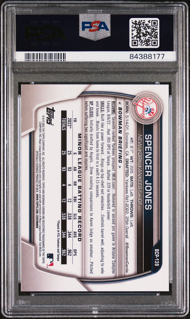 2023 Bowman Sapphire Edition Chrome Prospects Bcp139 Spencer Jones PSA 9