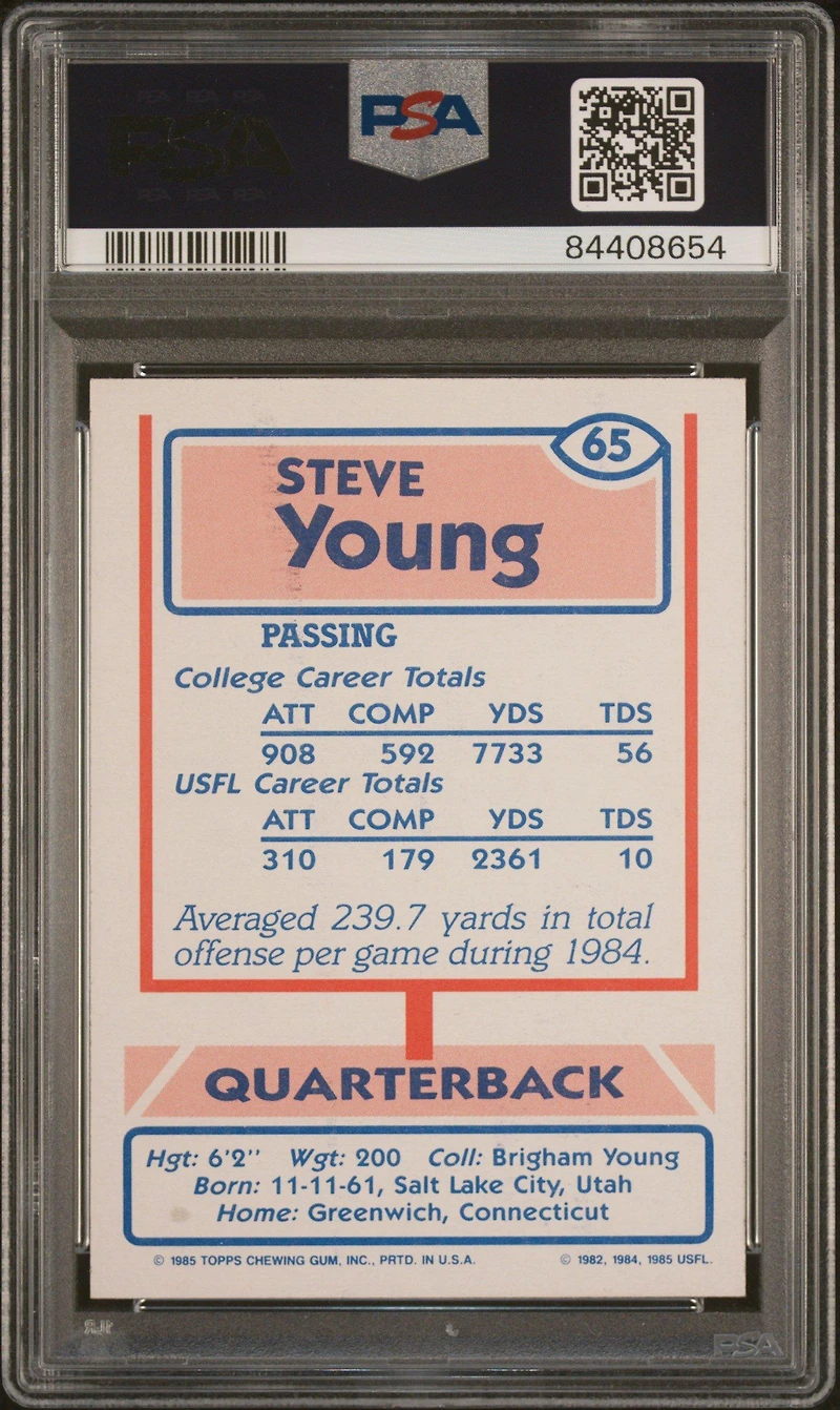1985 Topps Usfl 65 Steve Young PSA 8
