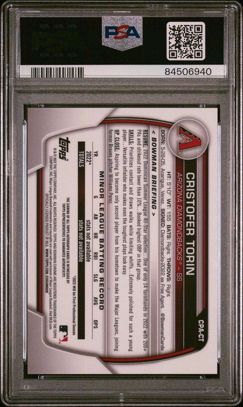 2023 Bowman Chrome Prospect Autographs Cpact Cristofer Torin PSA 10