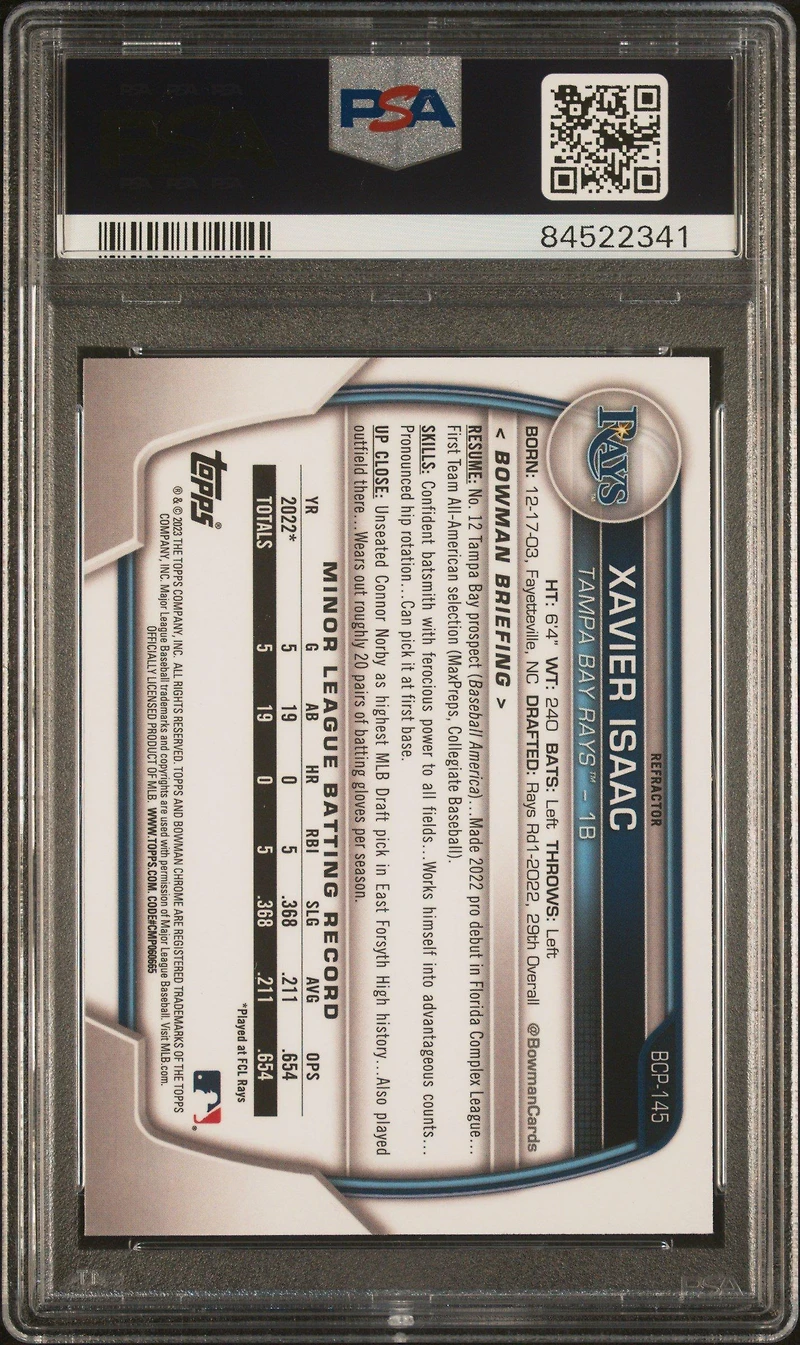 2023 Bowman Chrome Prospects Bcp145 Xavier Isaac Lunar Glow Refractor PSA 10