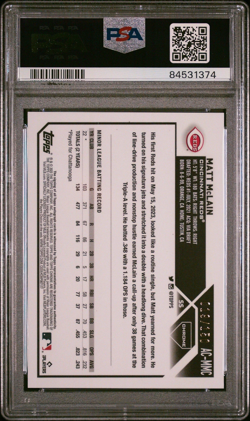 2023 Topps Chrome Update Autograph Acmmc Matt Mclain Blue Raywave Refractor PSA 10