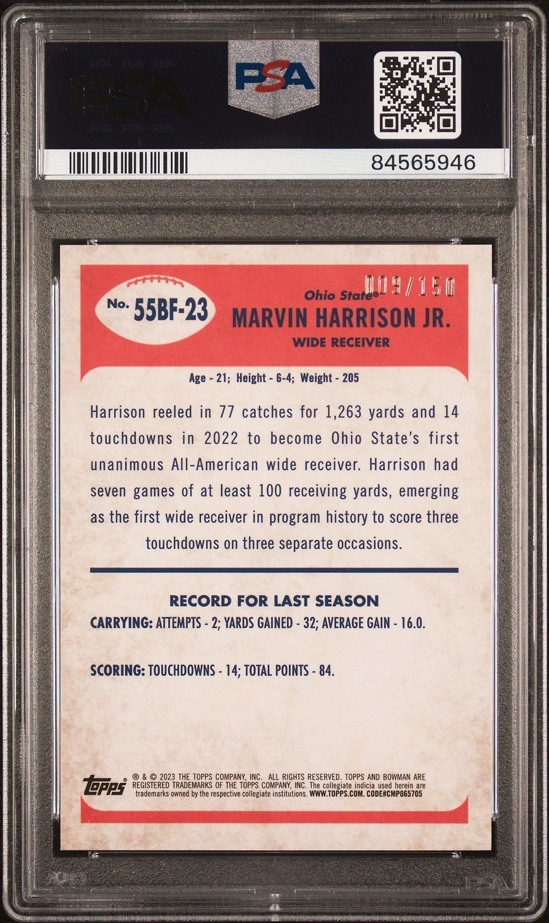 2023 Bowman University Chrome 1955 Bowman 55bf23 Marvin Harrison Jr. Aqua Refractor PSA 9