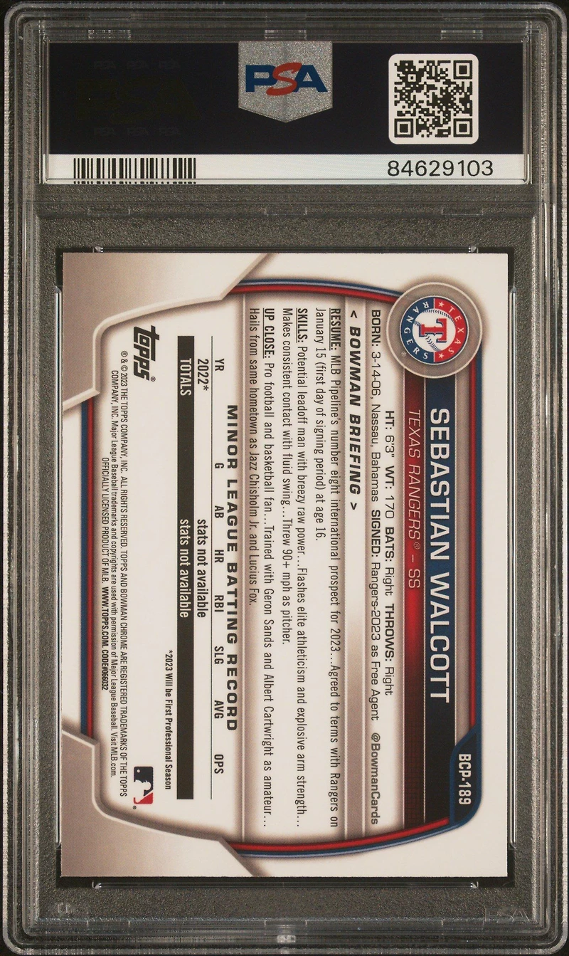 2023 Bowman Mega Box Chrome 189 Sebastian Walcott PSA 10