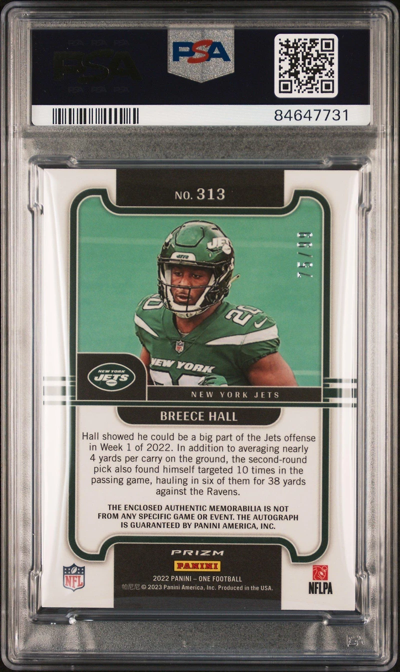 2022 Panini One 313 Breece Hall Precision Patch Autograph PSA 9