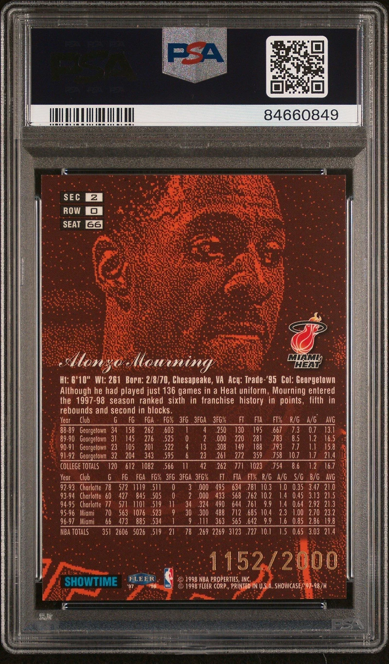 1997 Flair Showcase 66 Alonzo Mourning Row 0 PSA 9