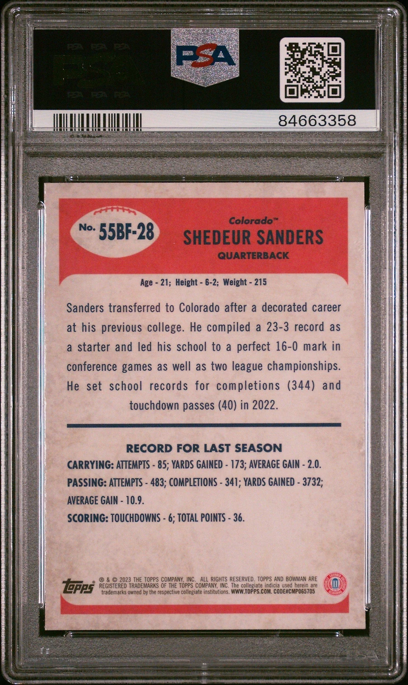 2023 Bowman University Chrome 1955 Bowman 55bf28 Shedeur Sanders PSA 10