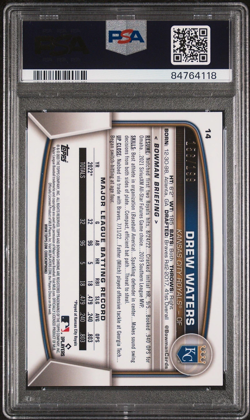 2023 Bowman Chrome 14 Drew Waters Aqua Raywave PSA 10