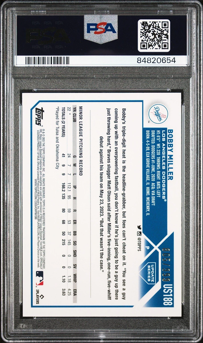 2023 Topps Update Us188 Bobby Miller Blue Foil PSA 10