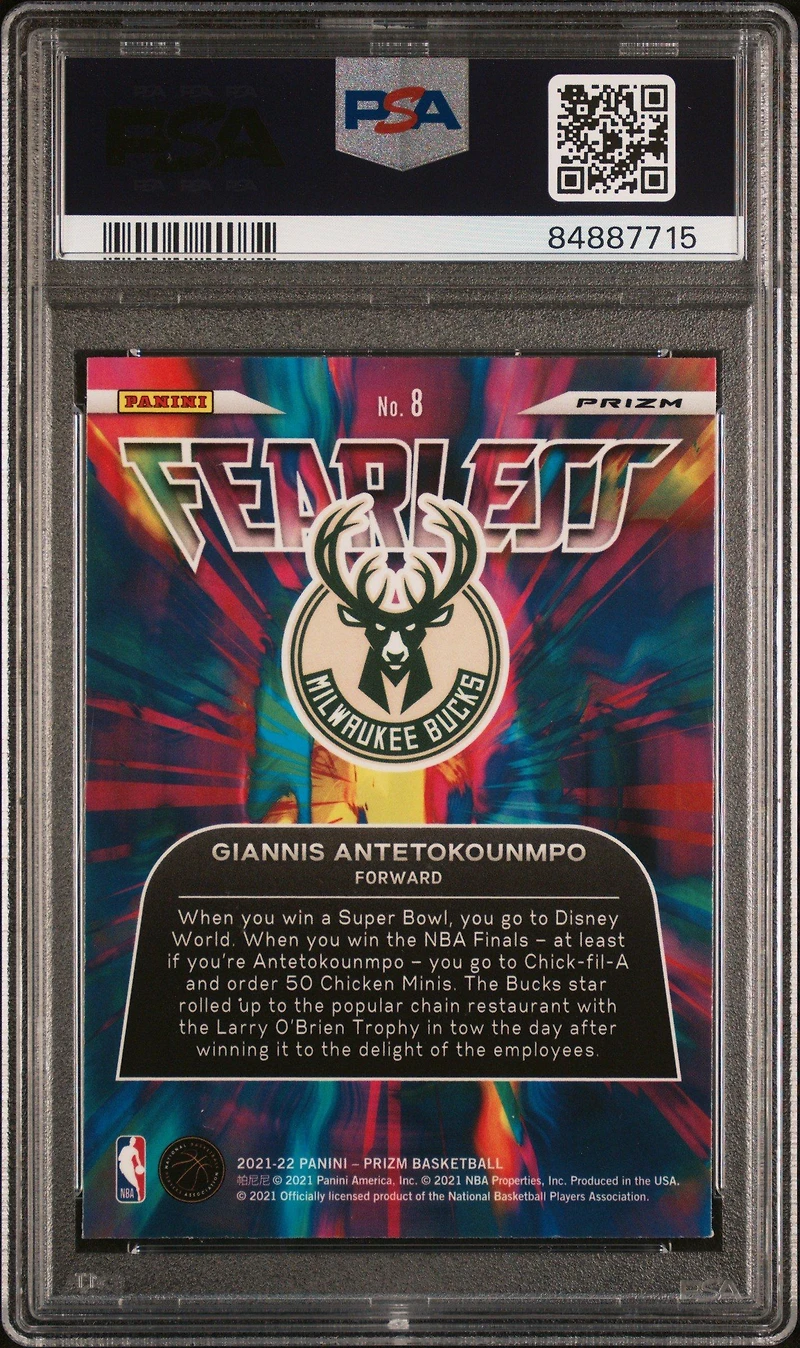 2021 Panini Prizm Fearless 8 Giannis Antetokounmpo Silver Prizm PSA 10