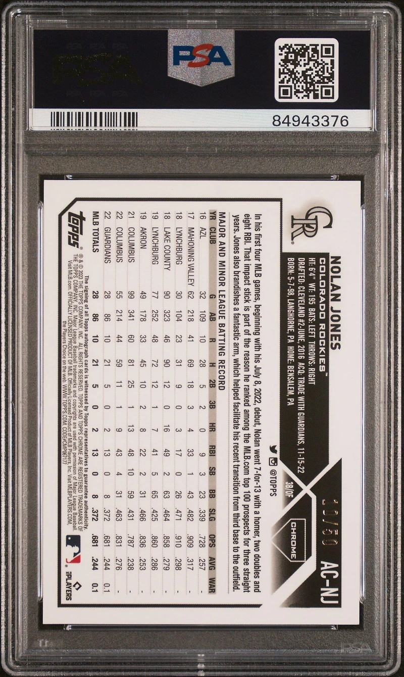 2023 Topps Chrome Update Autograph Acnj Nolan Jones Gold Wave PSA 10