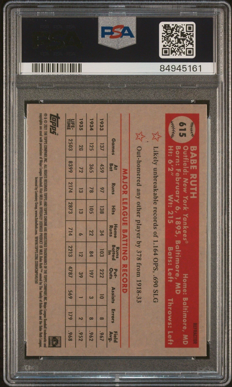 2021 Topps Chrome Platinum Anniversary 615 Babe Ruth PSA 10