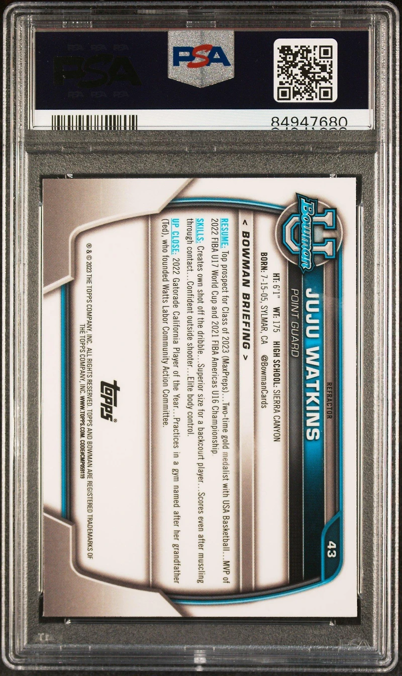 2022 Bowman Chrome University 43 Juju Watkins Refractor PSA 10