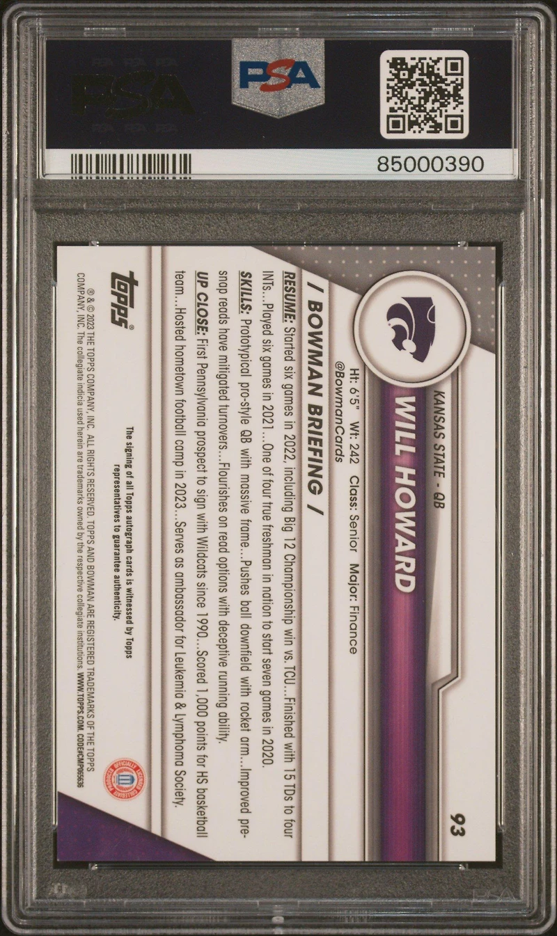 2023 Bowman University Chrome 93 Will Howard Autograph PSA 9