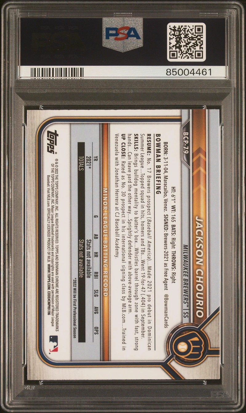 2022 Bowman Chrome Prospects Bcp79 Jackson Chourio Atomic Refractor PSA 10