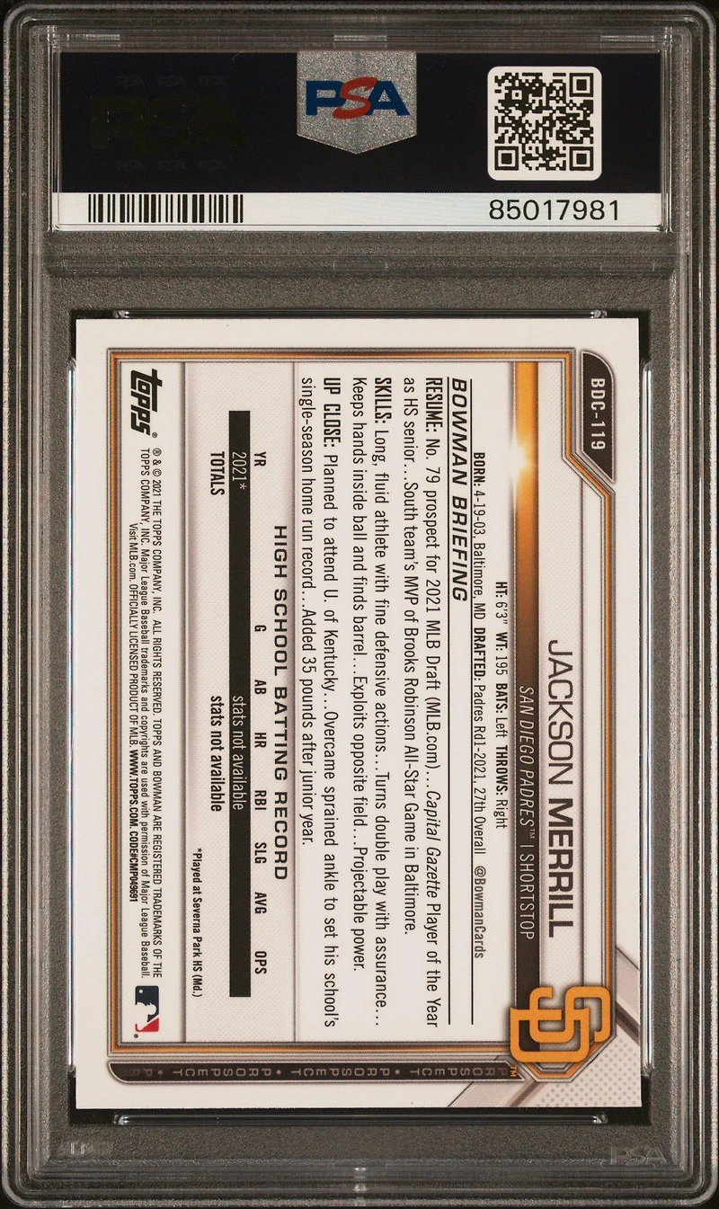 2021 Bowman Draft Chrome Sapphire Edition Bdc119 Jackson Merrill PSA 9