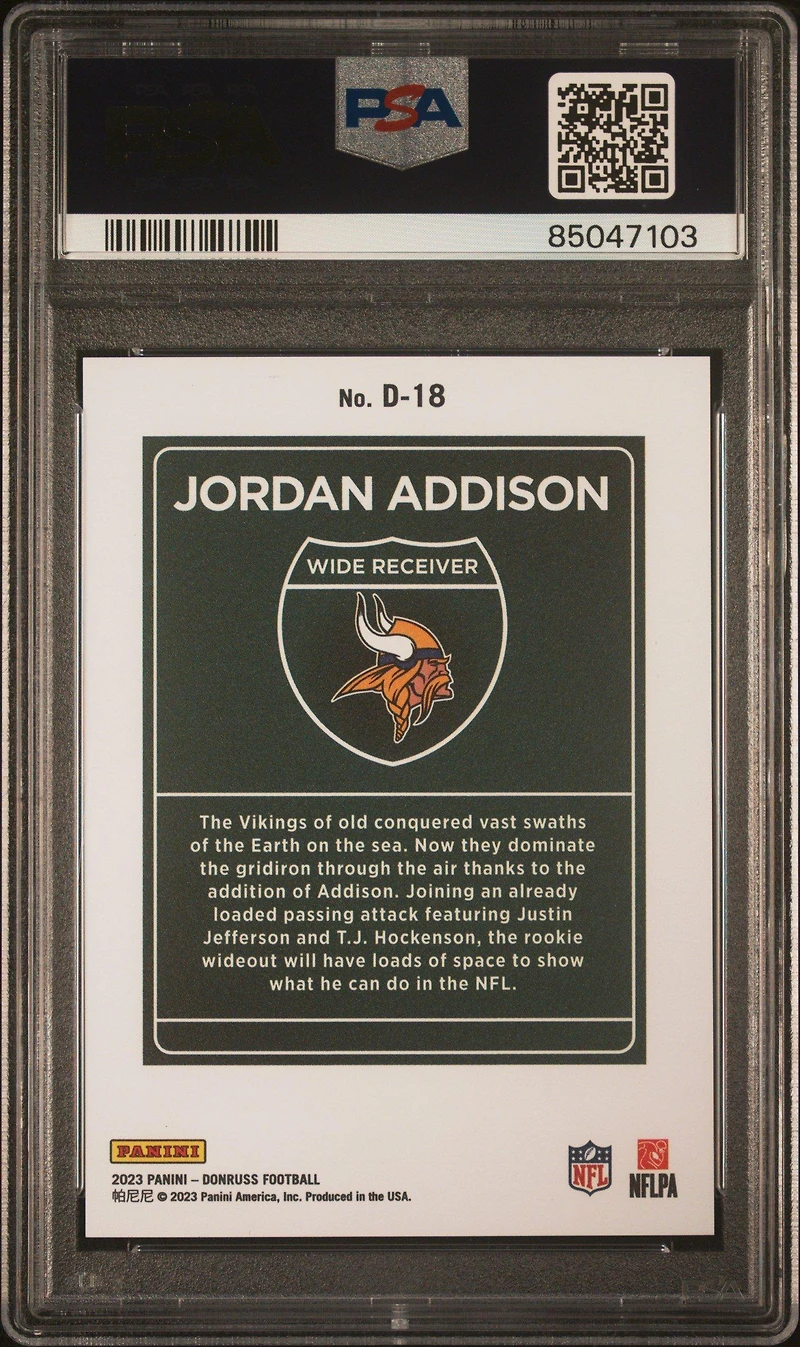 2023 Panini Donruss Downtown! D18 Jordan Addison PSA 10