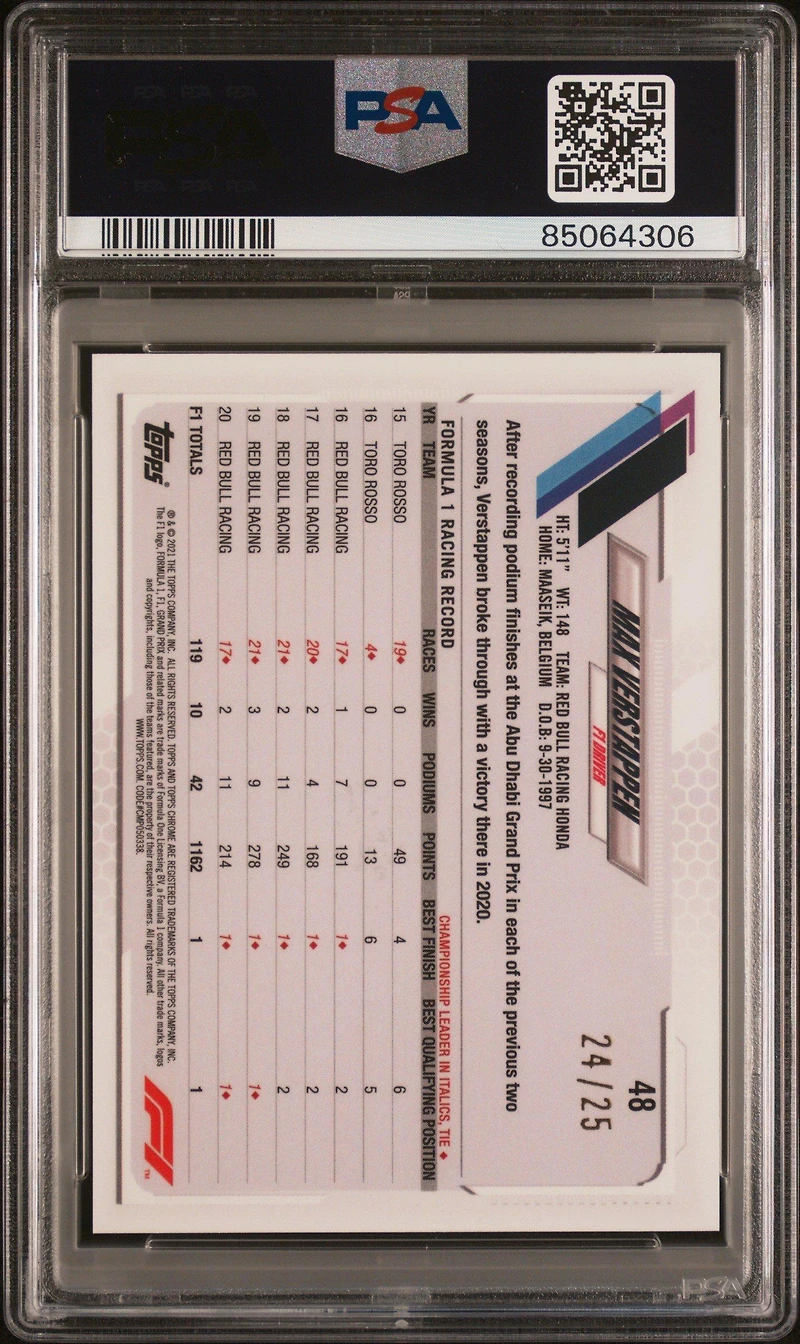 2021 Topps Chrome Formula 1 Sapphire Edition 48 Max Verstappen Orange PSA 10