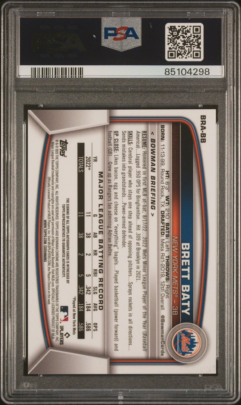 2023 Bowman Mega Box Chrome Rookies Autographs Bb Brett Baty PSA 10