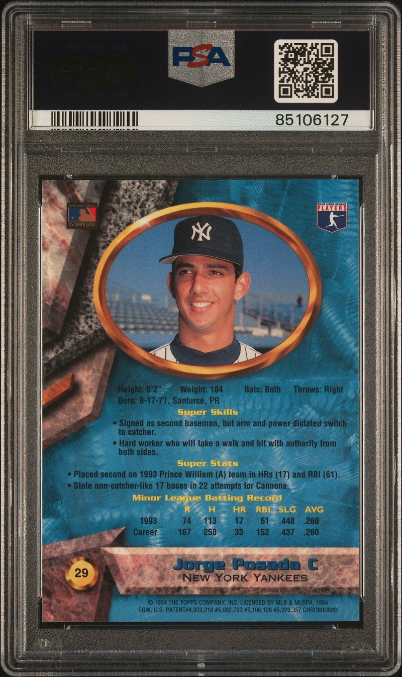1994 Bowman's Best 29 Jorge Posada Blue PSA 8