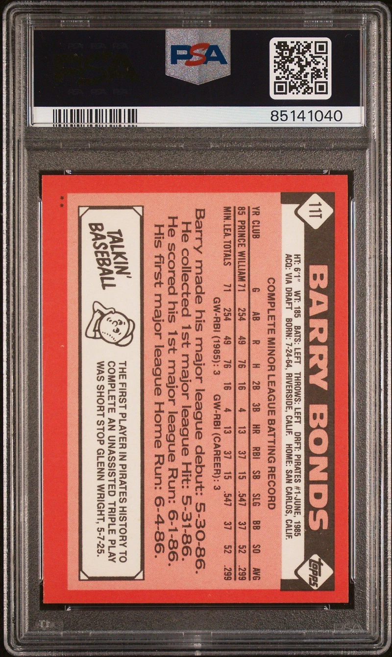 1986 Topps Traded 11t Barry Bonds PSA 9