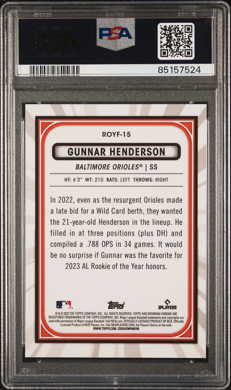 2023 Bowman Rookie Of The Year Favorites Royf15 Gunnar Henderson PSA 10