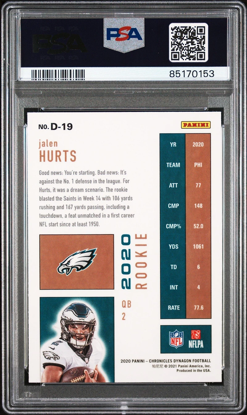 2020 Panini Chronicles Dynagon Rookies D19 Jalen Hurts PSA 10