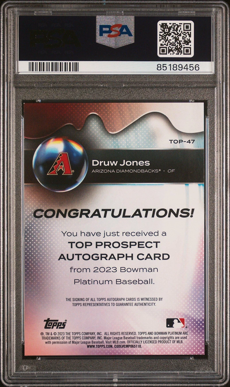 2023 Bowman Platinum Top Prospects Top47 Druw Jones Autograph PSA 9