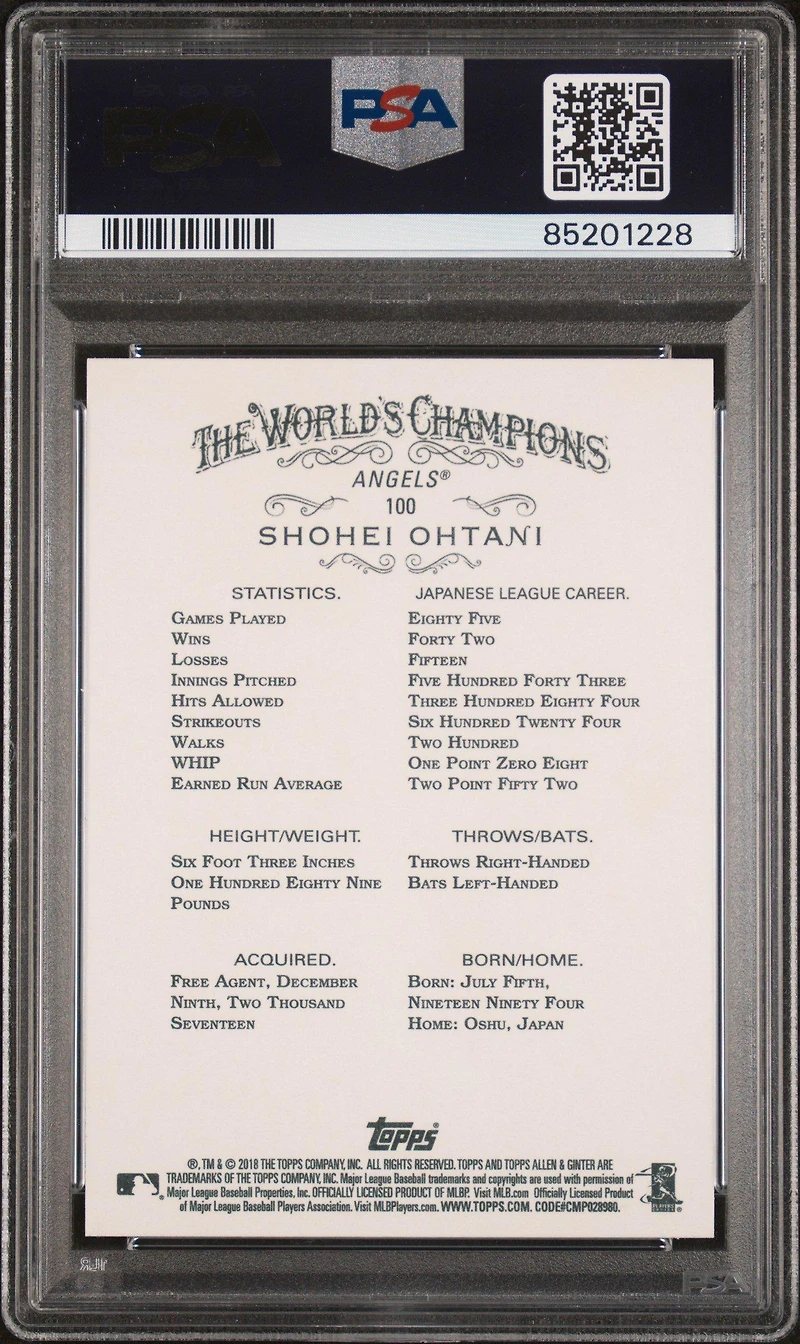 2018 Topps Allen & Ginter 100 Shohei Ohtani Silver Glossy PSA 10