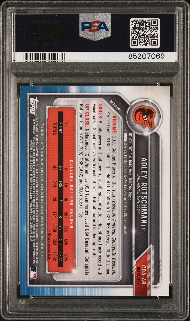 2019 Bowman Draft Chrome Draft Picks Autograph Cdaar Adley Rutschman Refractor PSA 9