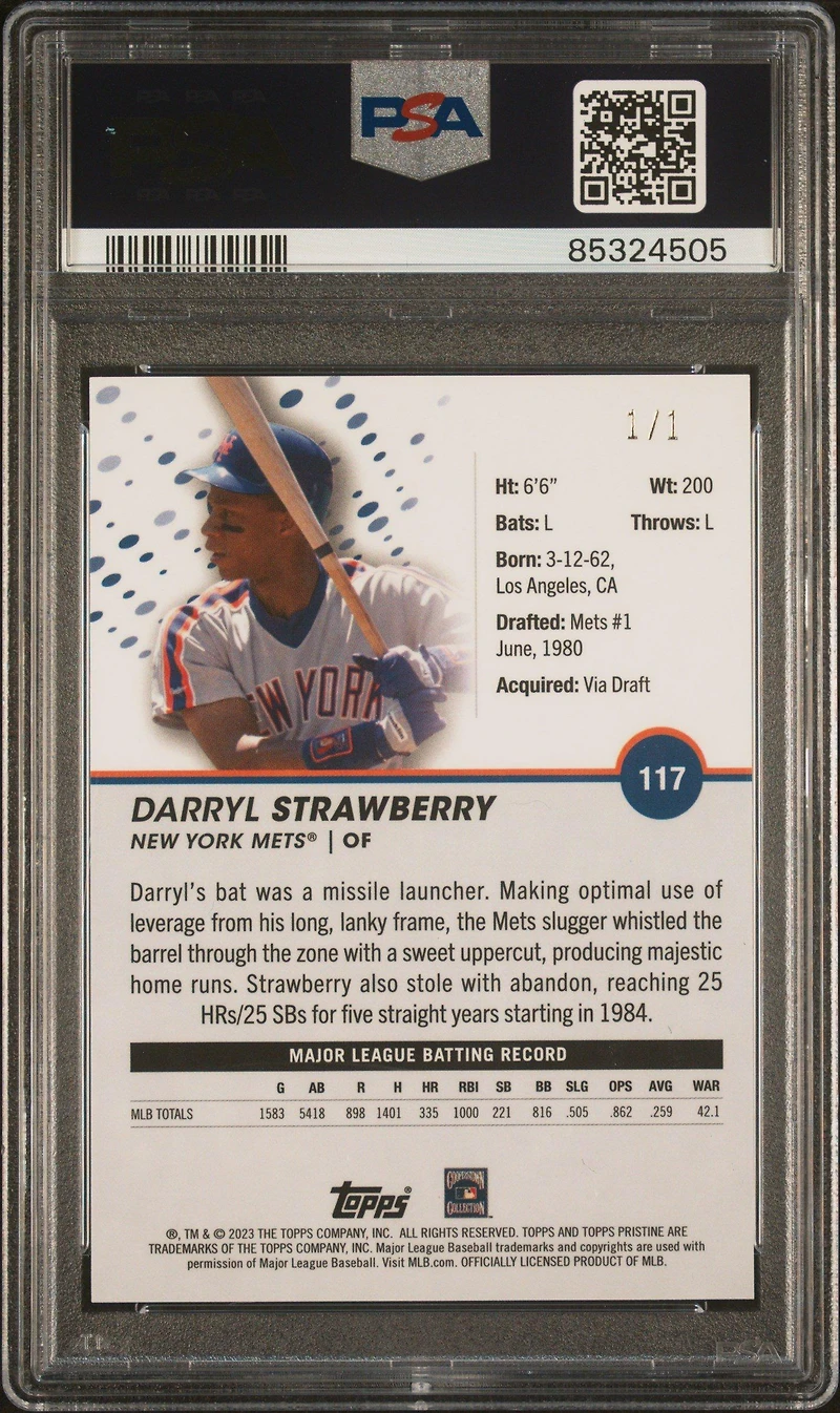 2023 Topps Pristine 117 Darryl Strawberry Superfractor 1/1 PSA 8