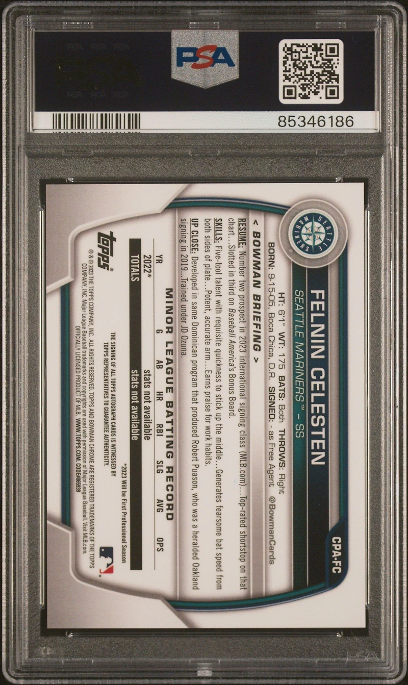 2023 Bowman Chrome Prospect Autographs Cpafc Felnin Celesten Gold Mini Diamond PSA 10